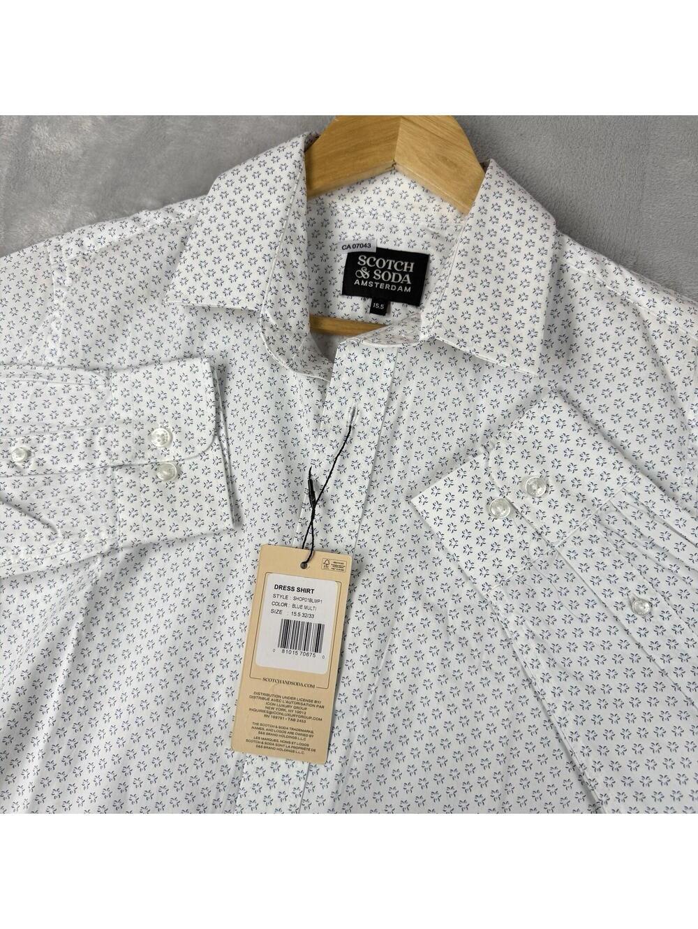 Scotch & Soda White Blue Floral Print Dress Shirt Mens 15.5 button up Preppy NWT